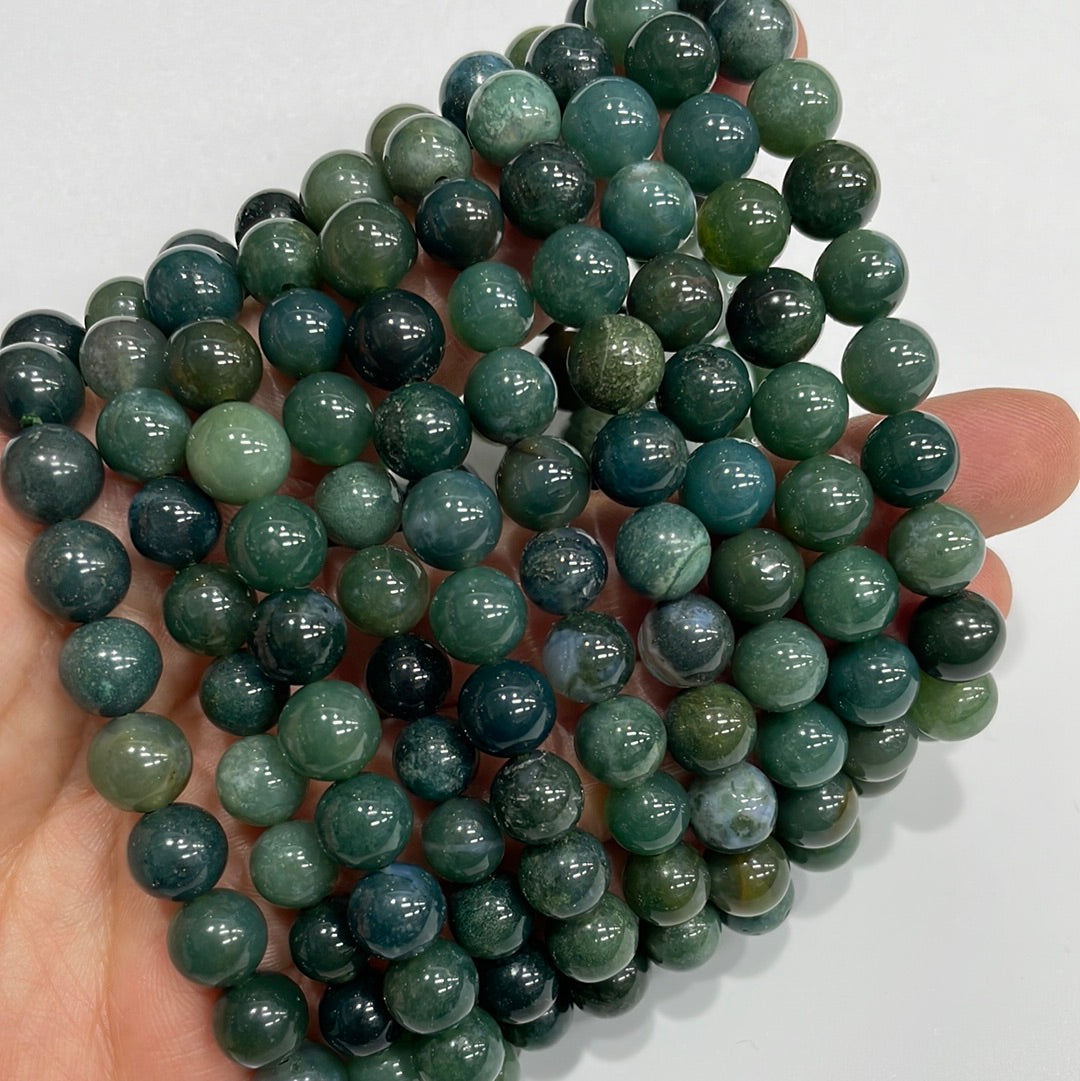 Moss Agate Round Bead Stretch Bracelet