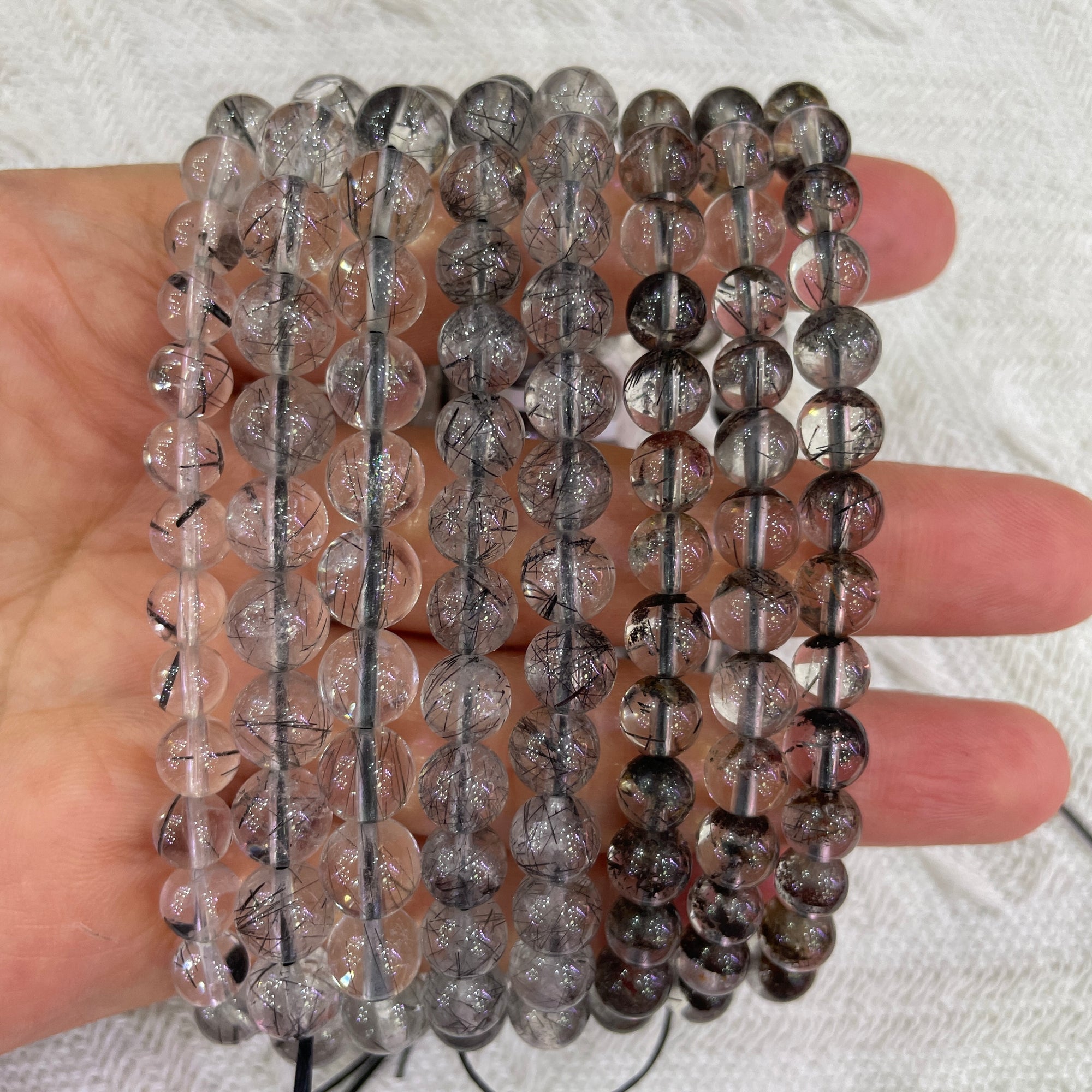 Black Rutilated Quartz Round Bead Stretch Bracelet-Grade A