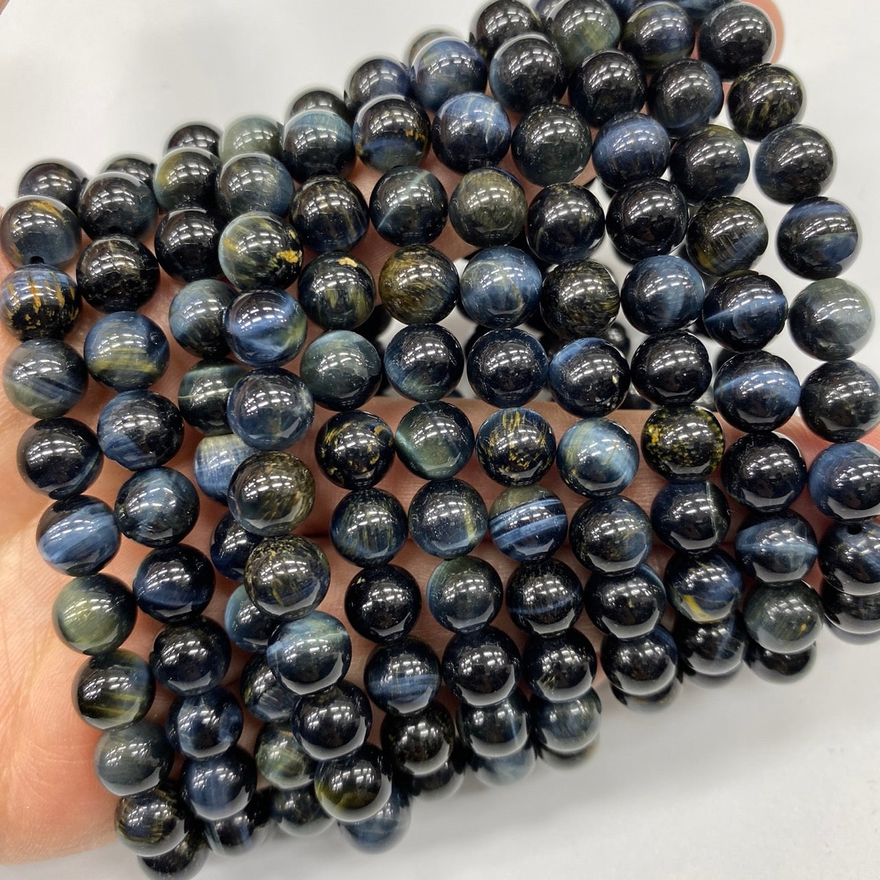 Blue Tiger's Eye Round Bead Stretch Bracelet - Grade A