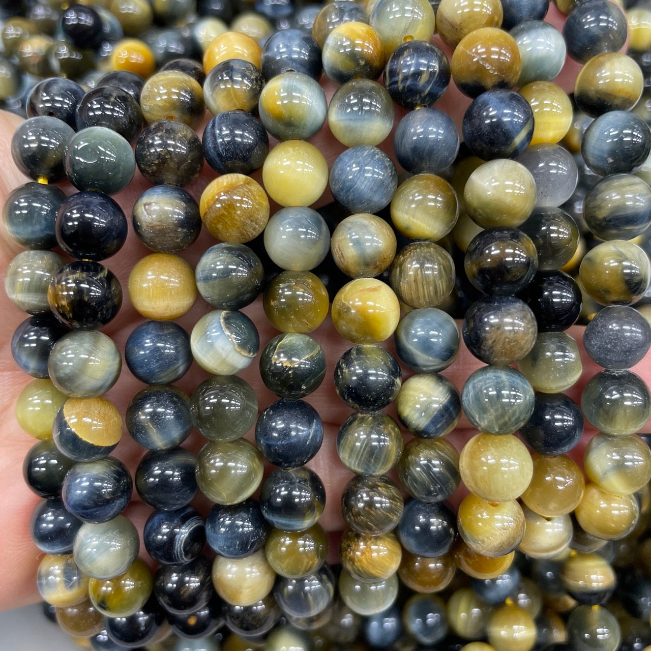 Blue & Golden Tiger's Eye Round Bead Stretch Bracelet