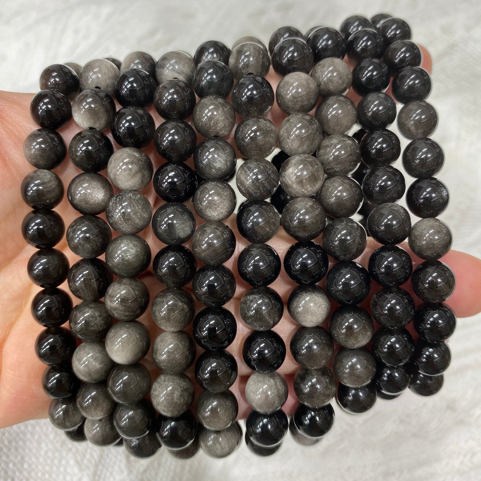 Silver Obsidian Beaded Stretch Bracelet