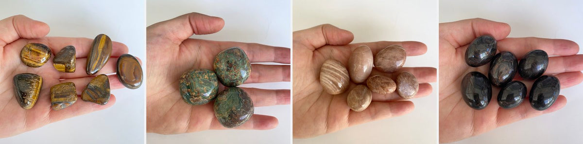 Four tumble shape types side by side: irregular, rounded, oval tumbled stones in hand