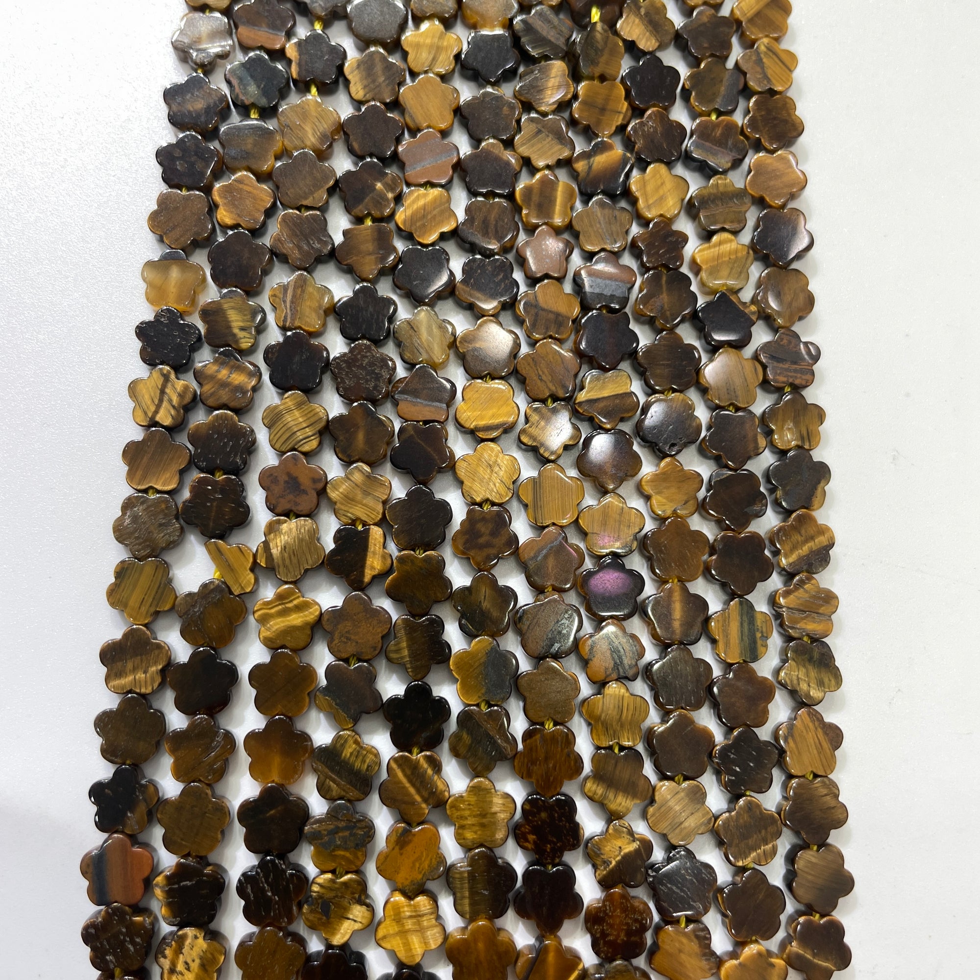 Brown Tiger's Eye Stone Double-Sided Flat Flower Shaped Bead Strand