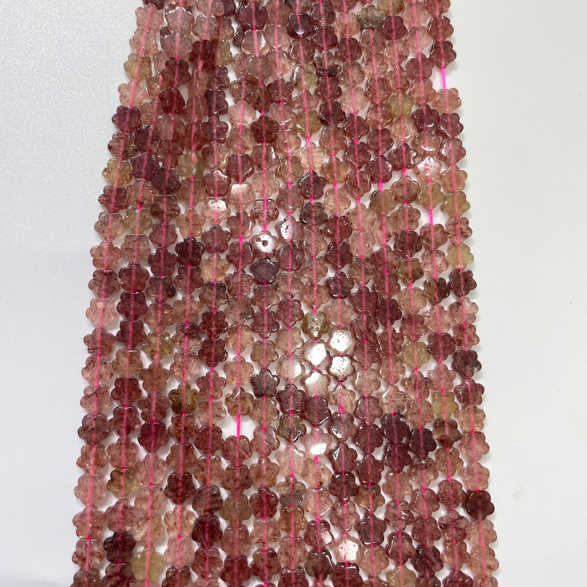 Strawberry Quartz Double-Sided Flat Flower Shaped Bead Strand