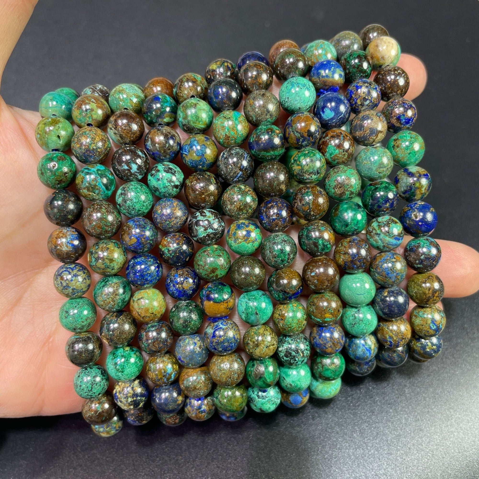 Azurite &amp; Malachite Round Bead Stretch Bracelet - Grade AA - RockZ Sourcing Hub