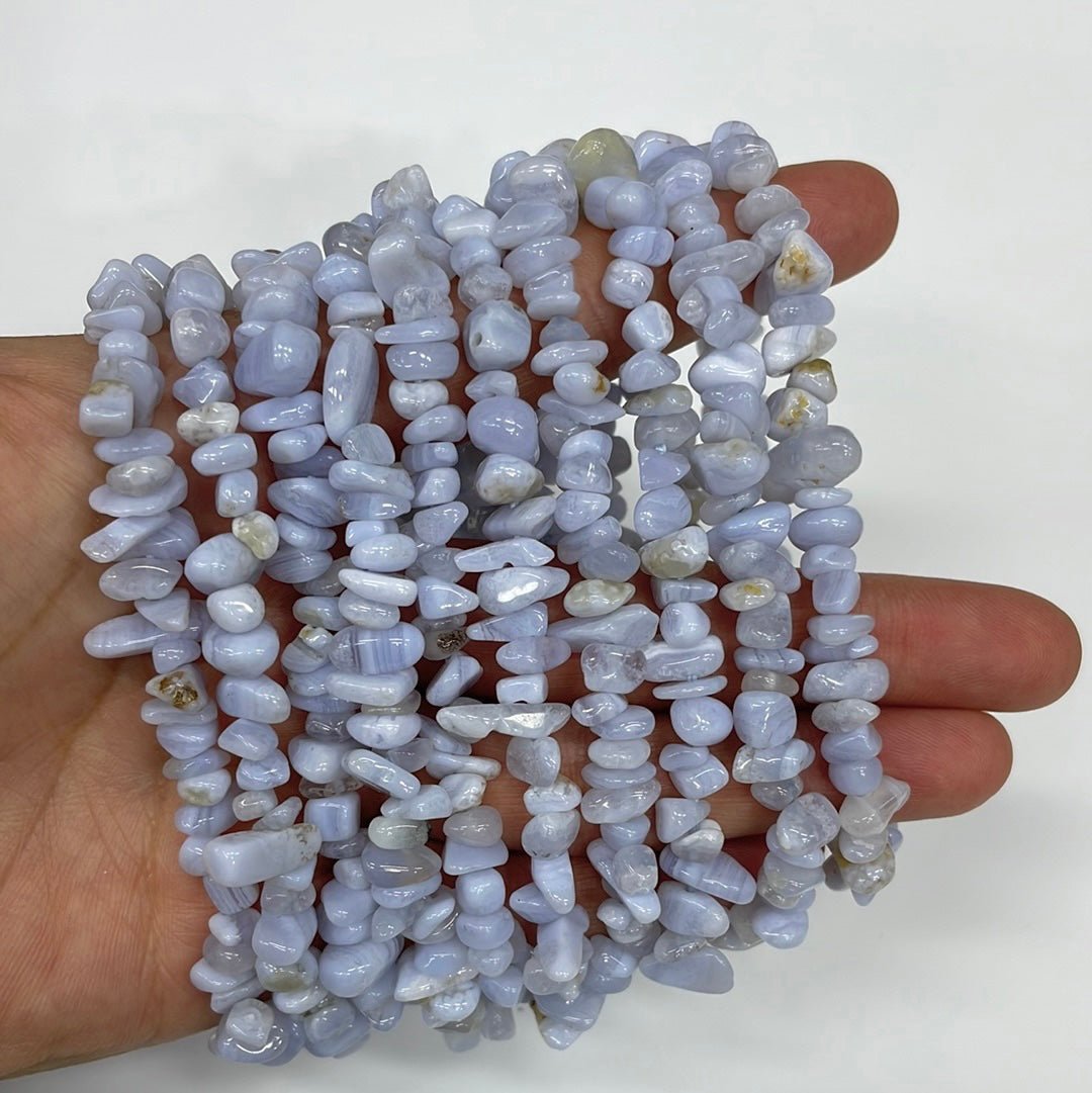 Blue Lace Agate Drilled Chips Stretch Bracelet - RockZ Sourcing Hub