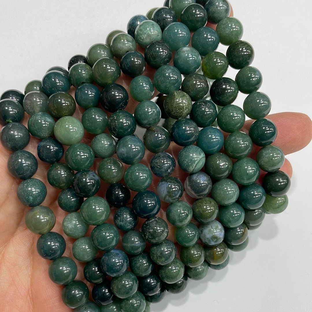 Moss Agate Round Bead Stretch Bracelet - RockZ Sourcing Hub