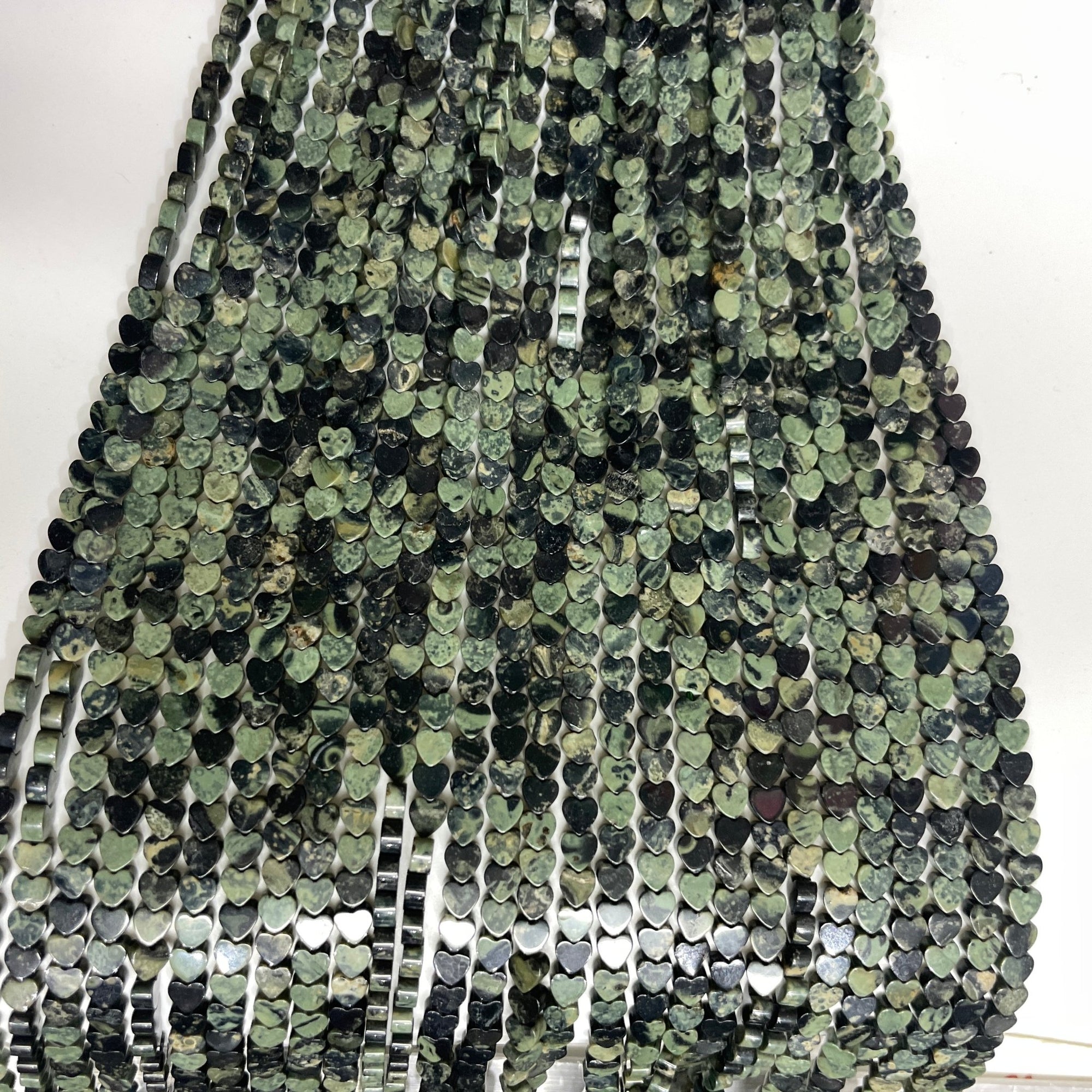 Rhyolite/Rainforest Jasper Double-Sided Flat Heart Shaped Bead Strand - RockZ Sourcing Hub